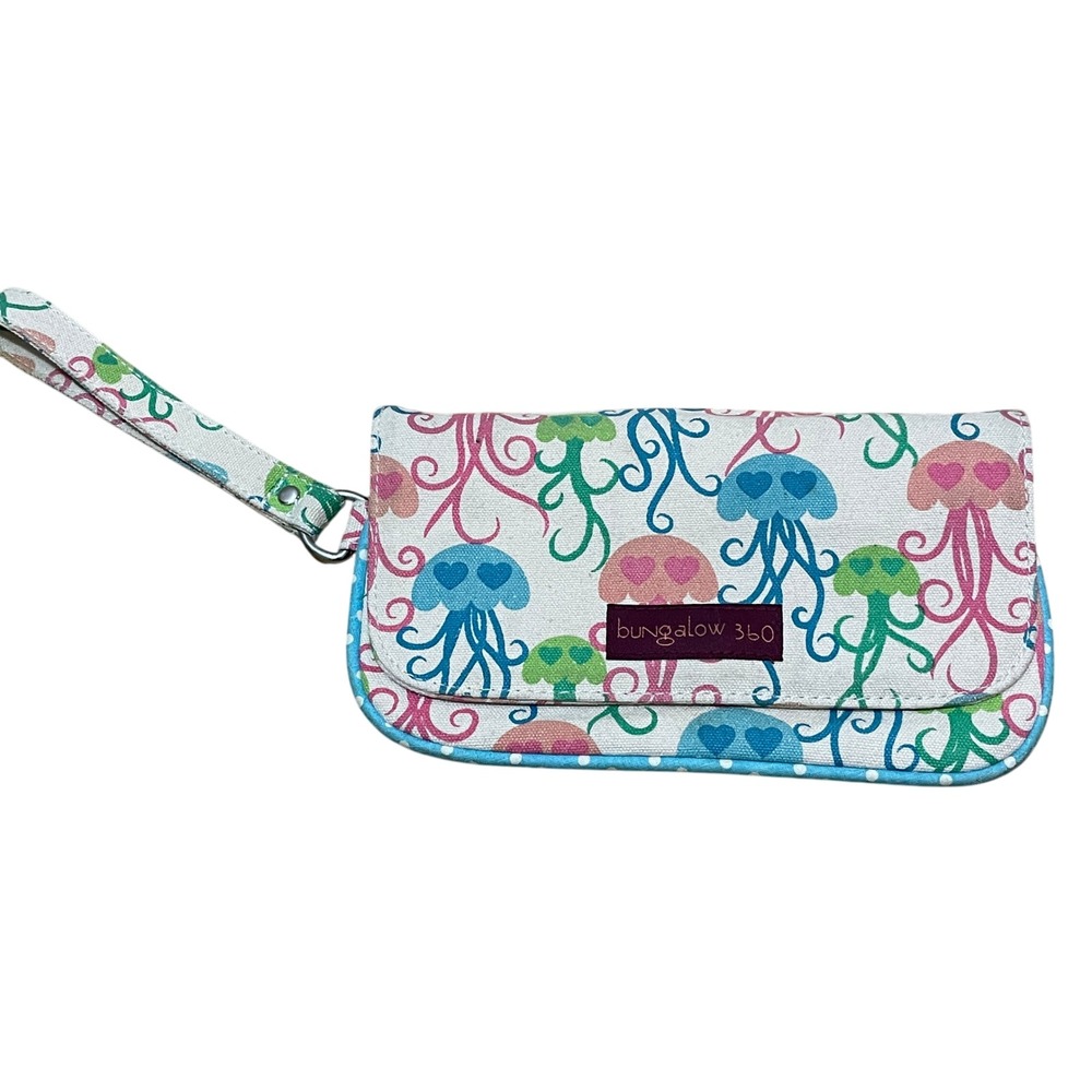 Bungalow 360 Pink Blue Green Jellyfish Wristlet‎ Clutch Canvas Pockets Cute Fun